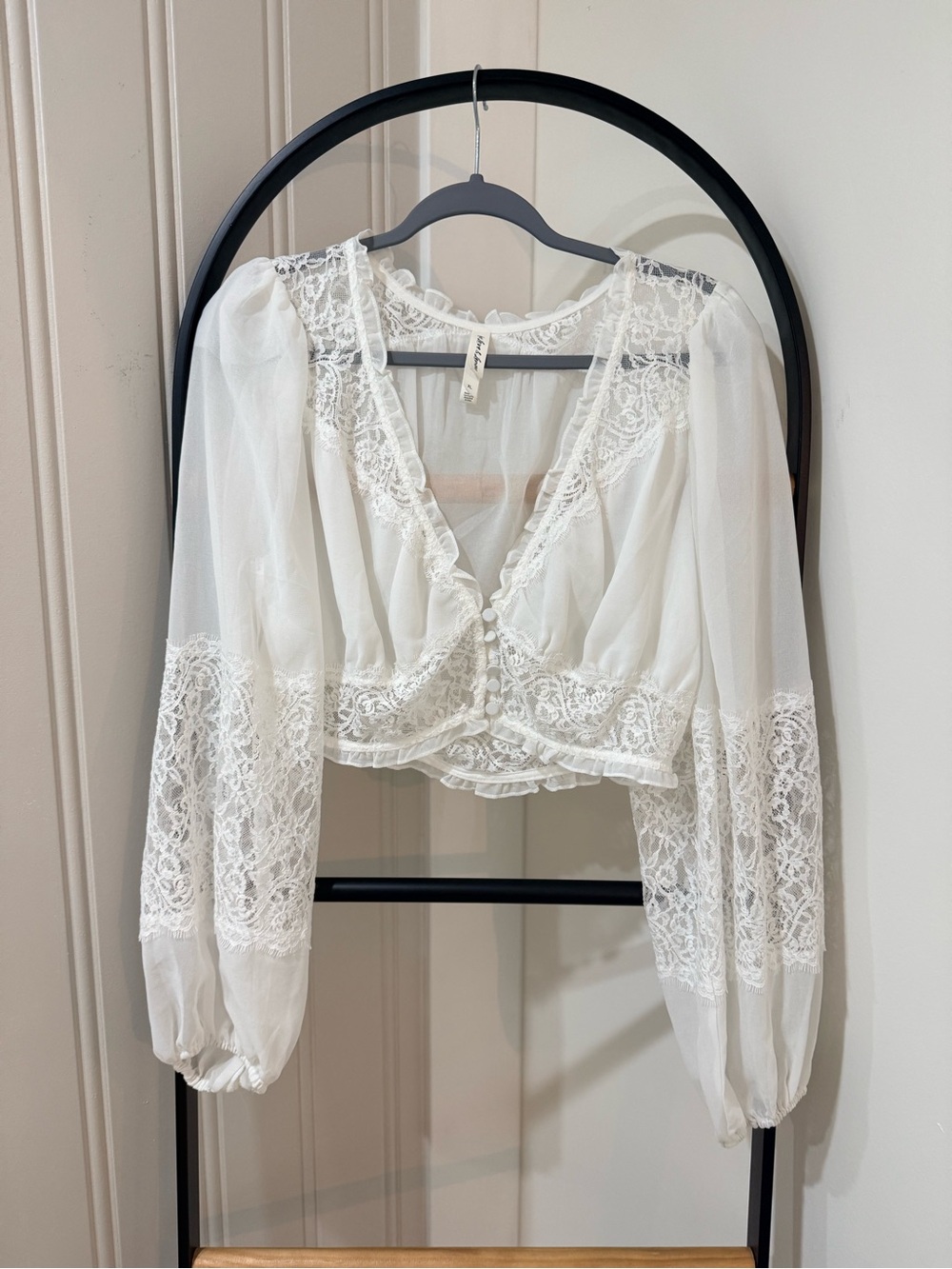 For Love And Lemons White Lace-Trim Sheer Puff-Sleeve Blouse